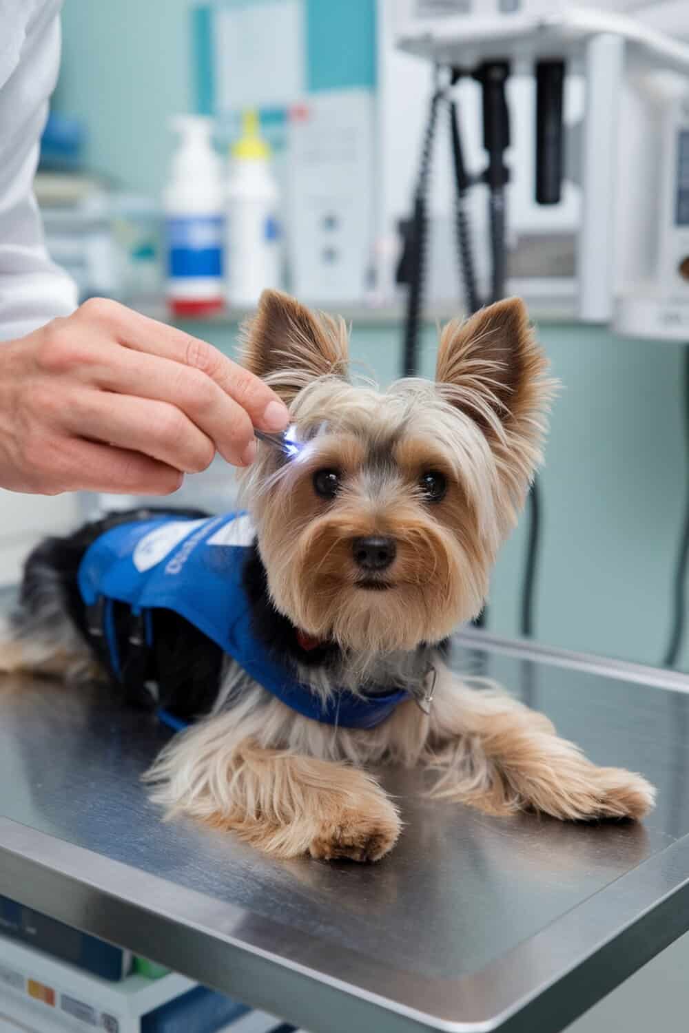 A female Yorkshire Terrier at a veterinary check-up.