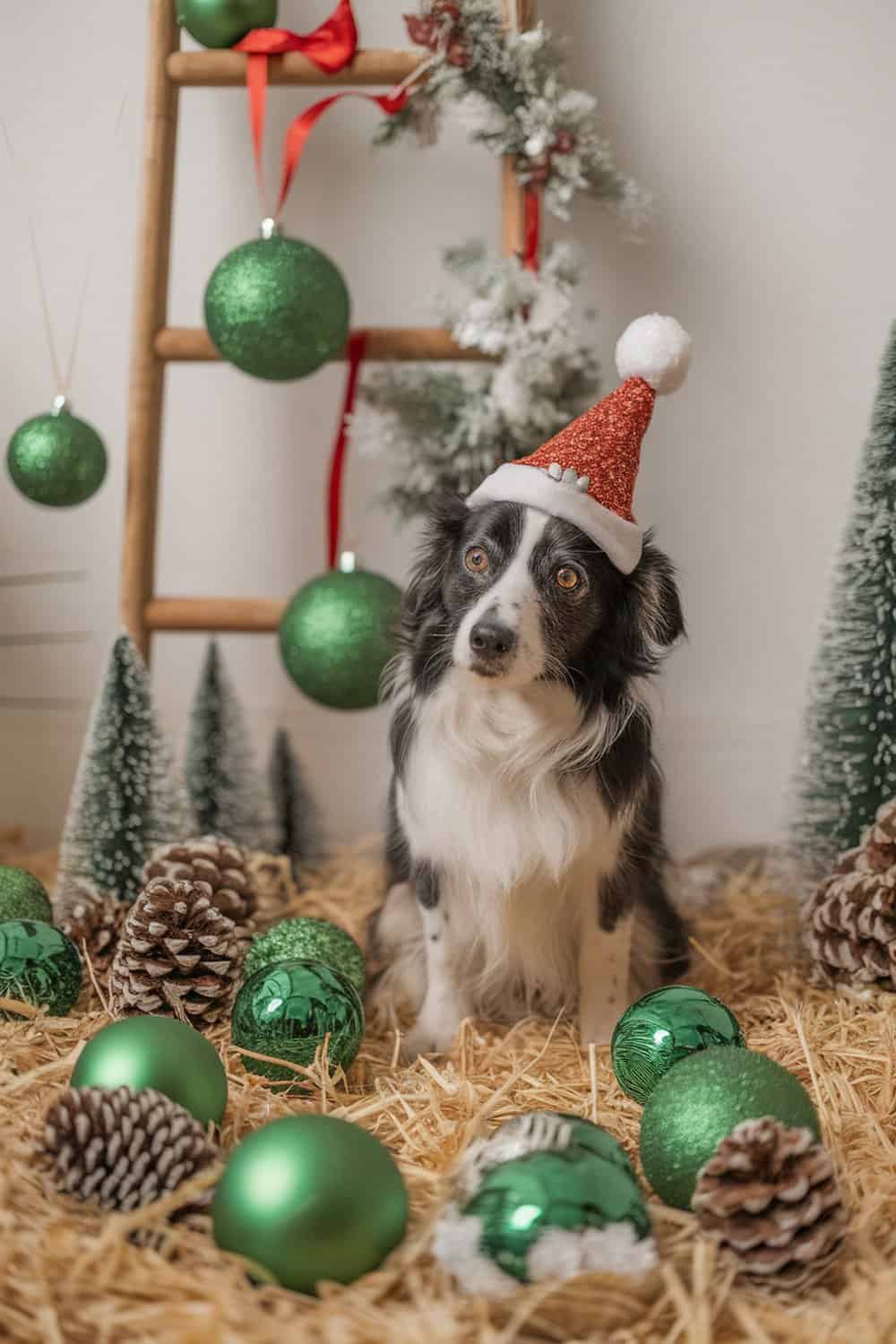A dog wearing a festive hat surrounded by eco-friendly Christmas decorations like green ornaments and pinecones.