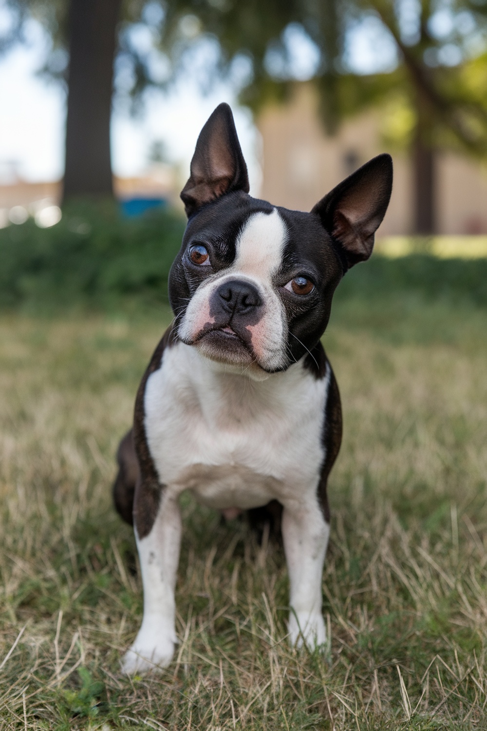 A Boston Terrier with a confused expression, sitting on grass.