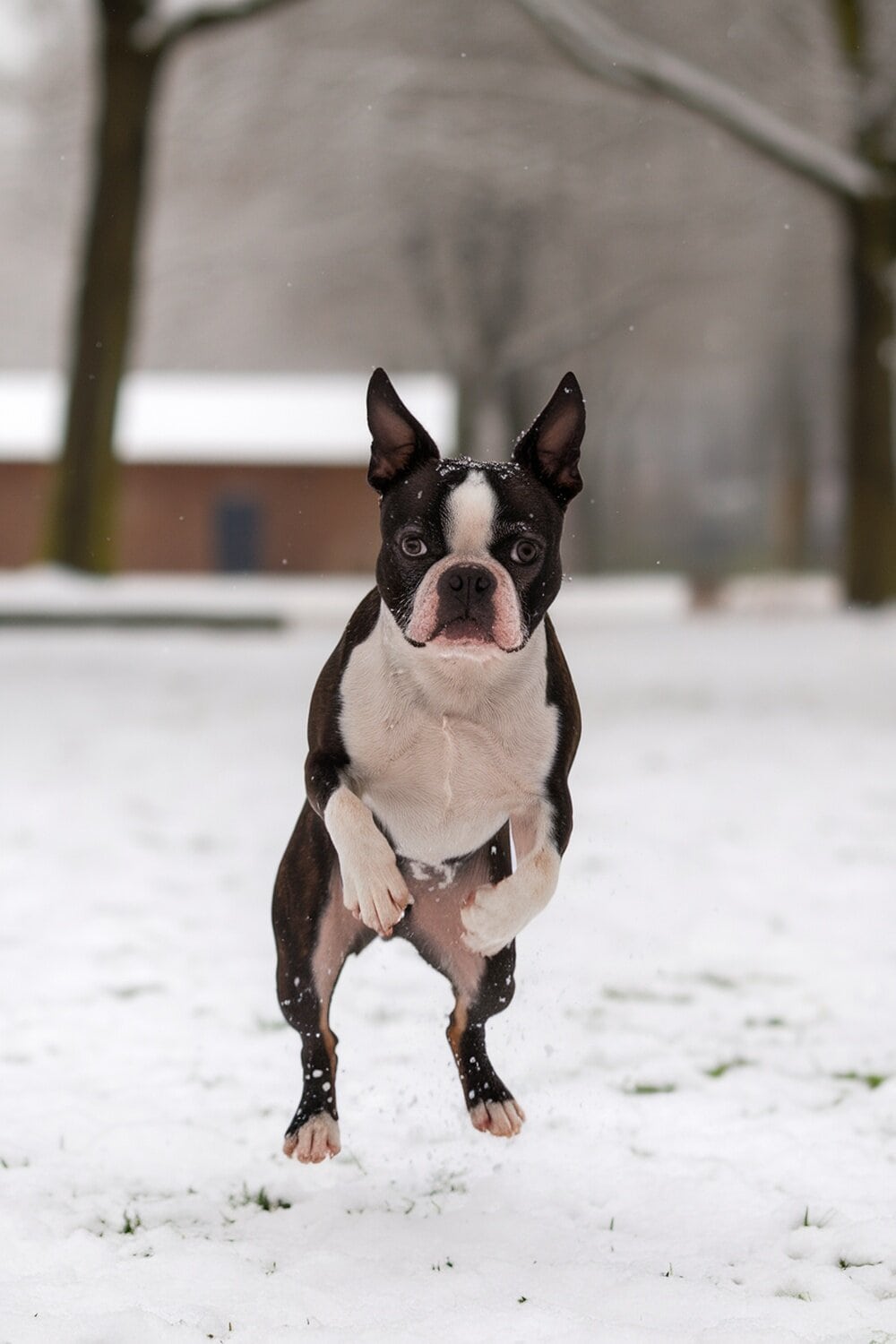 A Boston Terrier jumping in the snow, showcasing its playful reaction.