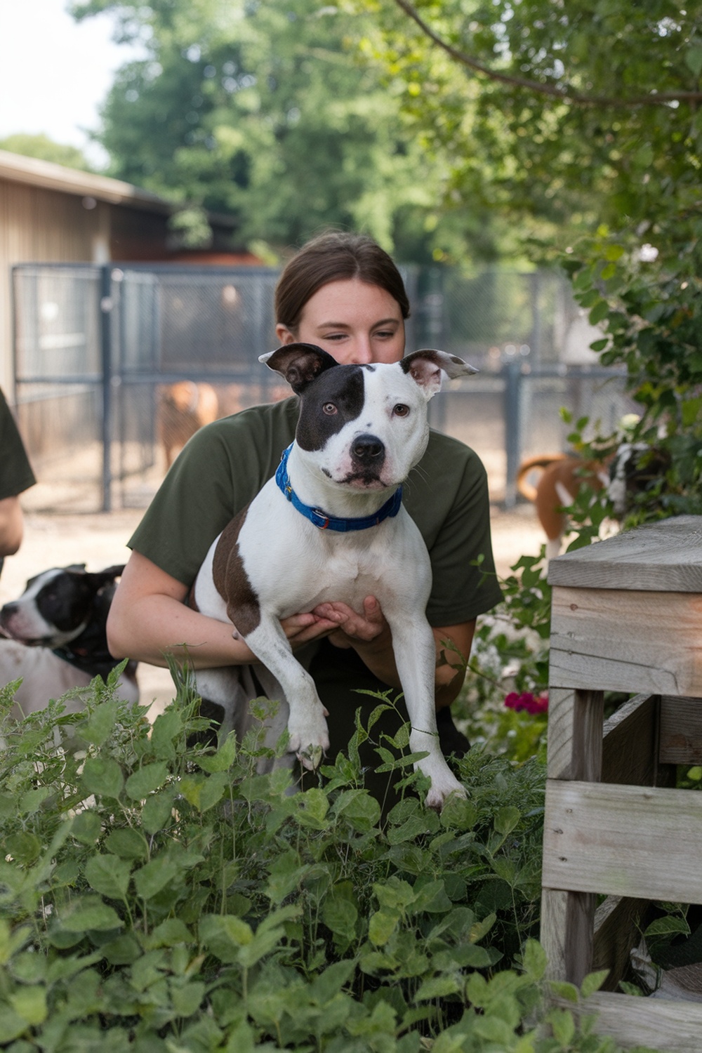 A person holding a Staffordshire Bull Terrier at a rescue organization.