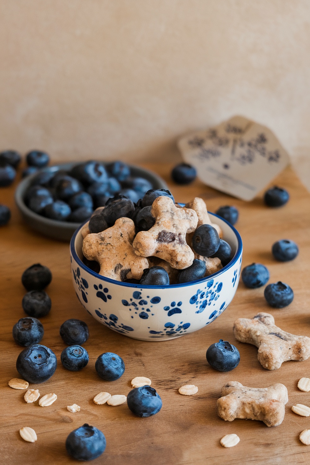 A bowl of blueberry oat dog treats surrounded by fresh blueberries and oats.