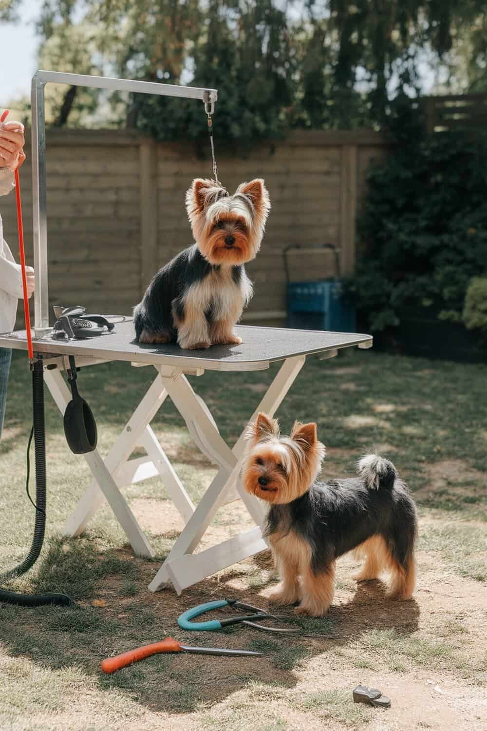 Two Yorkies being groomed outdoors on a grooming table.