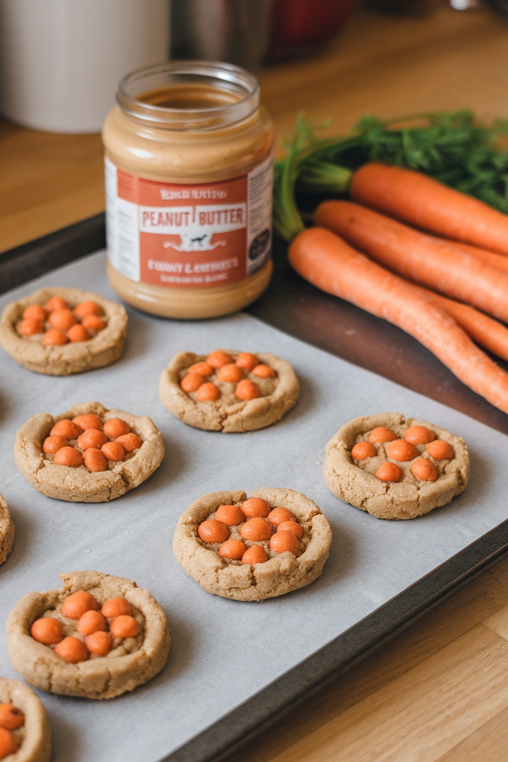 Homemade peanut butter and carrot cookies for dogs, with a jar of peanut butter and fresh carrots in the background.