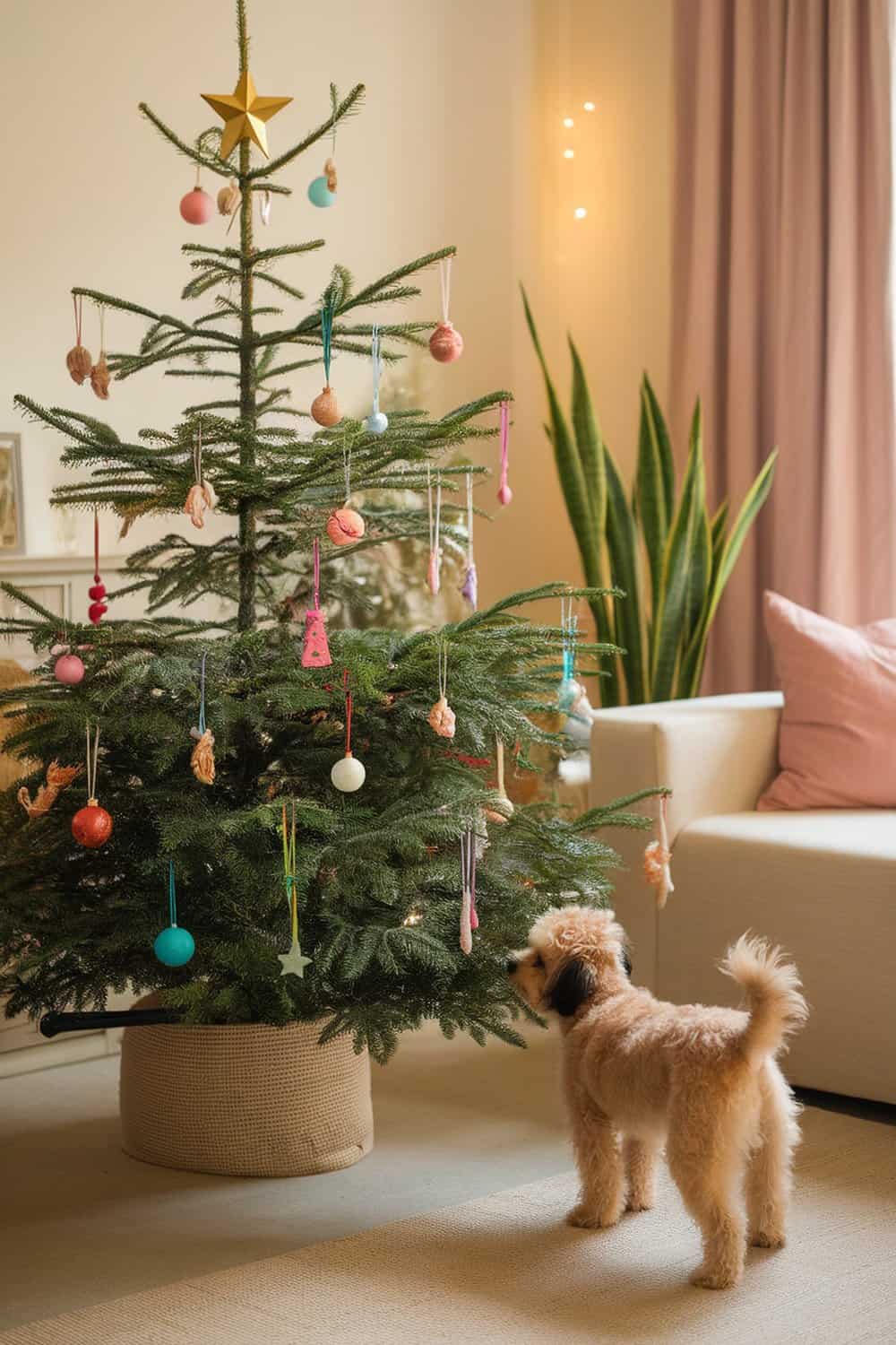 A dog looking at a Christmas tree decorated with colorful, non-toxic ornaments.