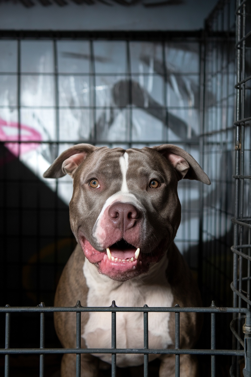A happy pitbull in a cage, showcasing a friendly demeanor.