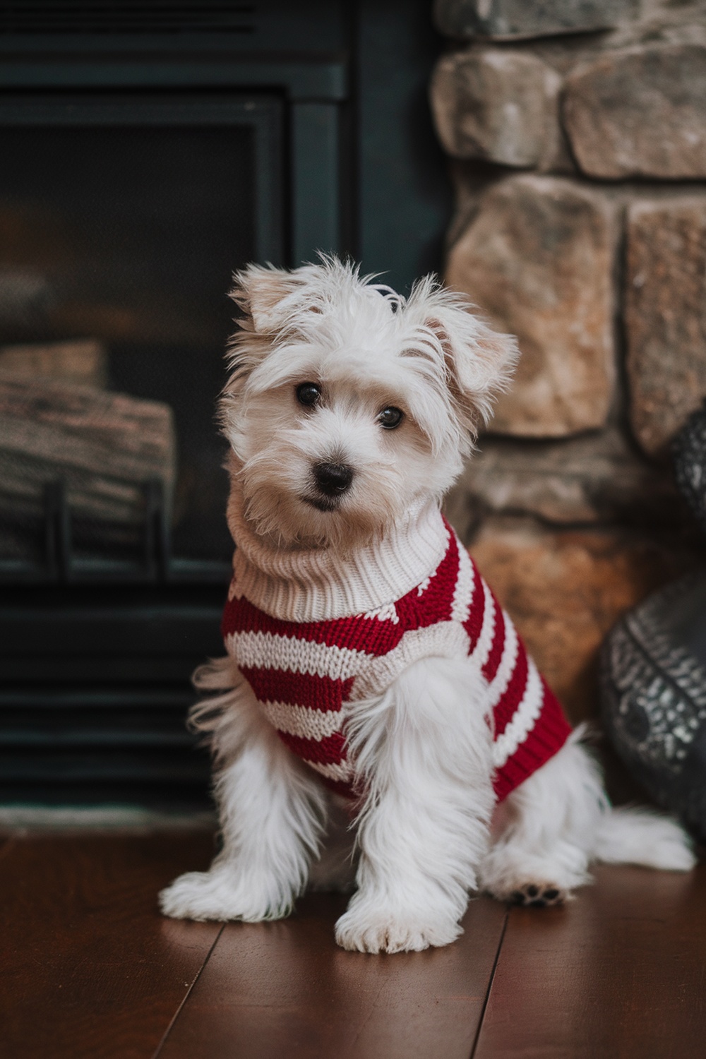 A Westie puppy wearing a red and white striped sweater, sitting in front of a stone fireplace.
