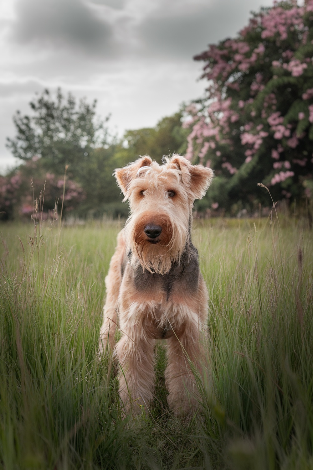 Airedale Terrier with loose curls in a grassy field.