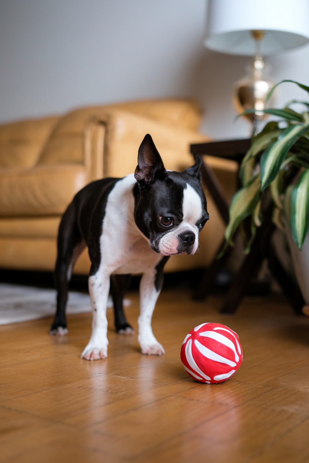 A Boston Terrier looking at a red and white ball in a cozy living room.