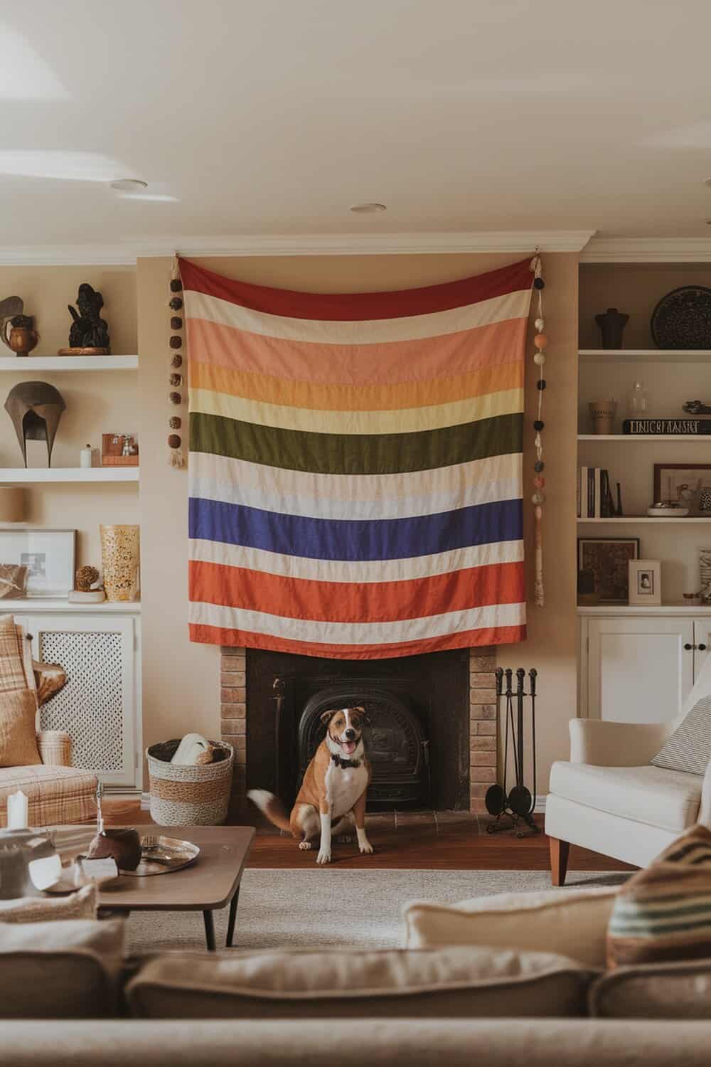 A colorful fabric banner hanging on a wall with a dog sitting in front of it.