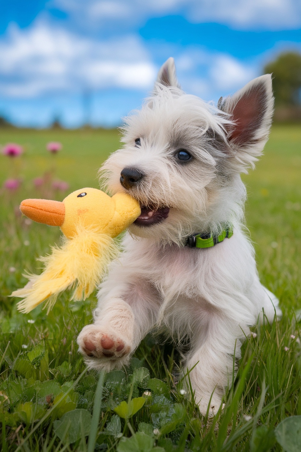 A Westie puppy playing with a squeaky yellow duck toy in a grassy field.