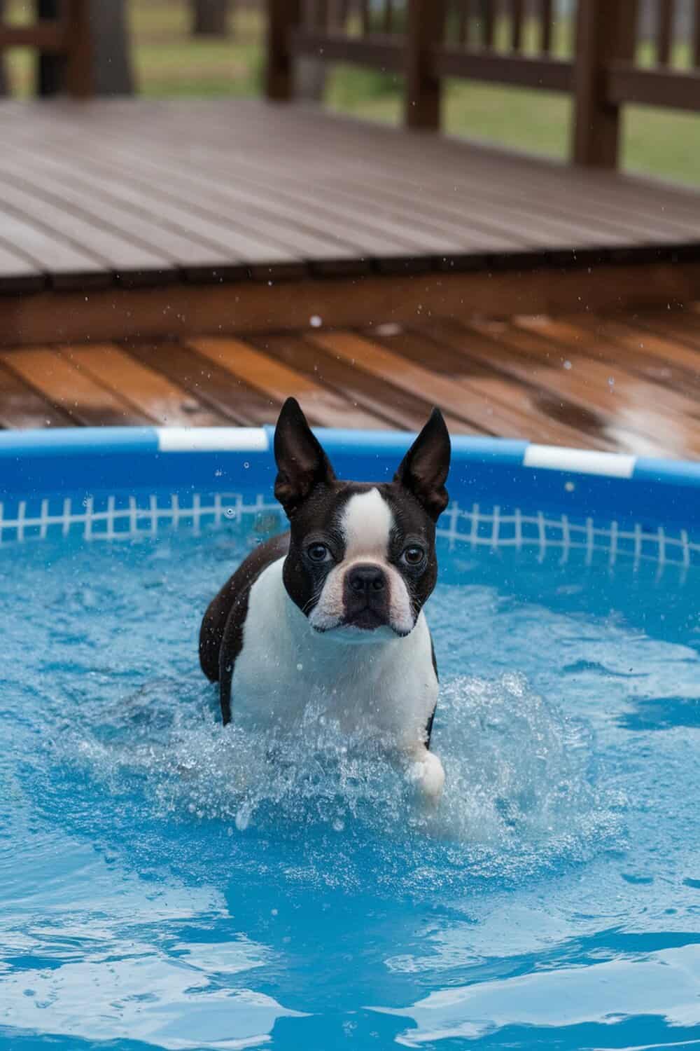 A Boston Terrier happily playing in a pool, splashing water around.