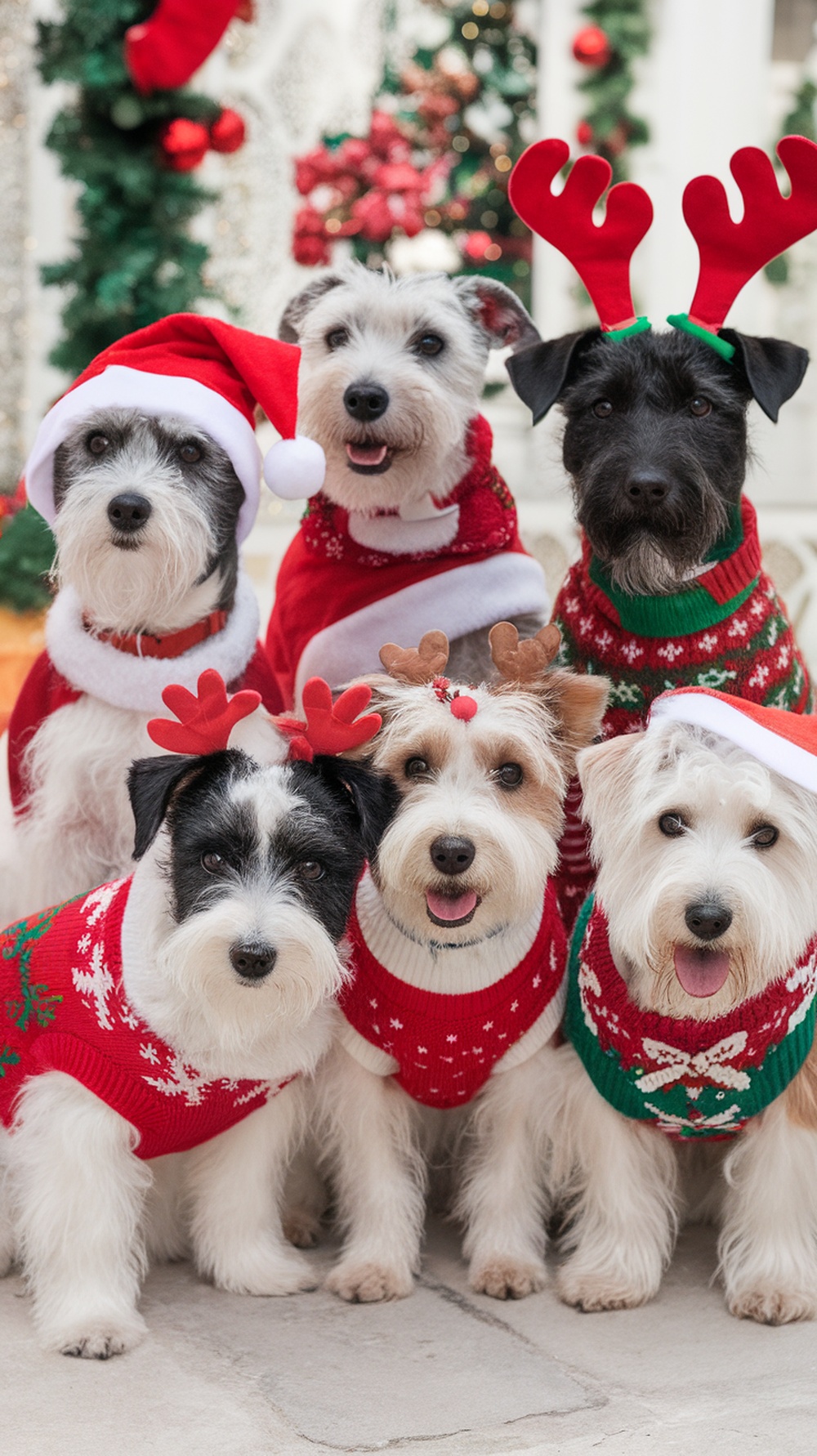 A group of terrier dogs wearing Christmas-themed costumes, including Santa hats and reindeer antlers.
