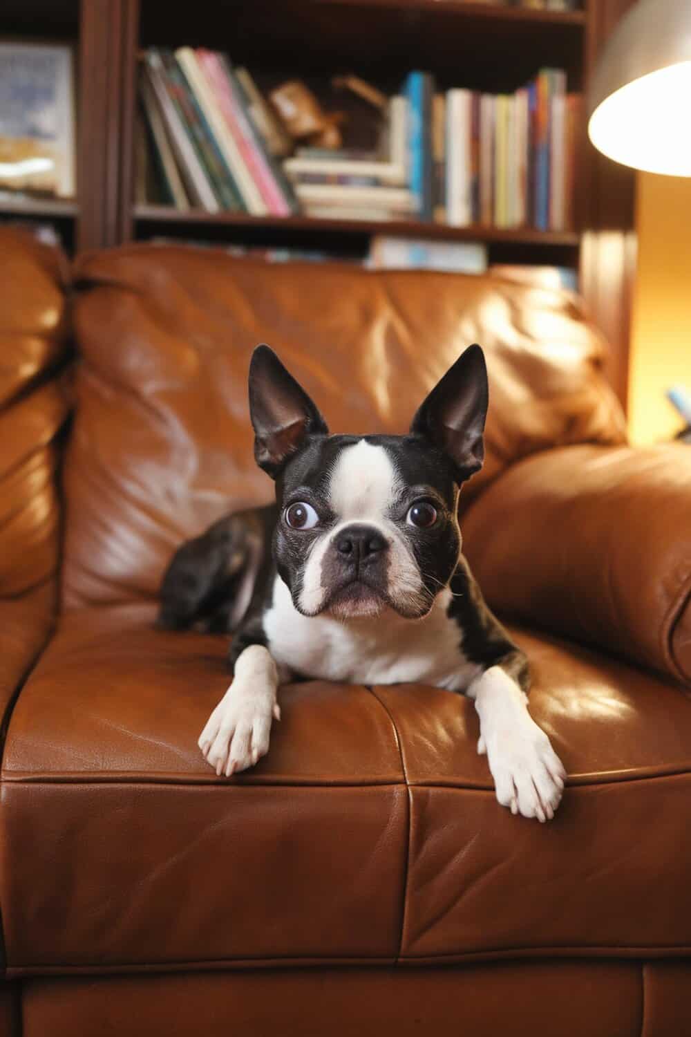 A Boston Terrier lying on a brown leather couch with a curious expression.