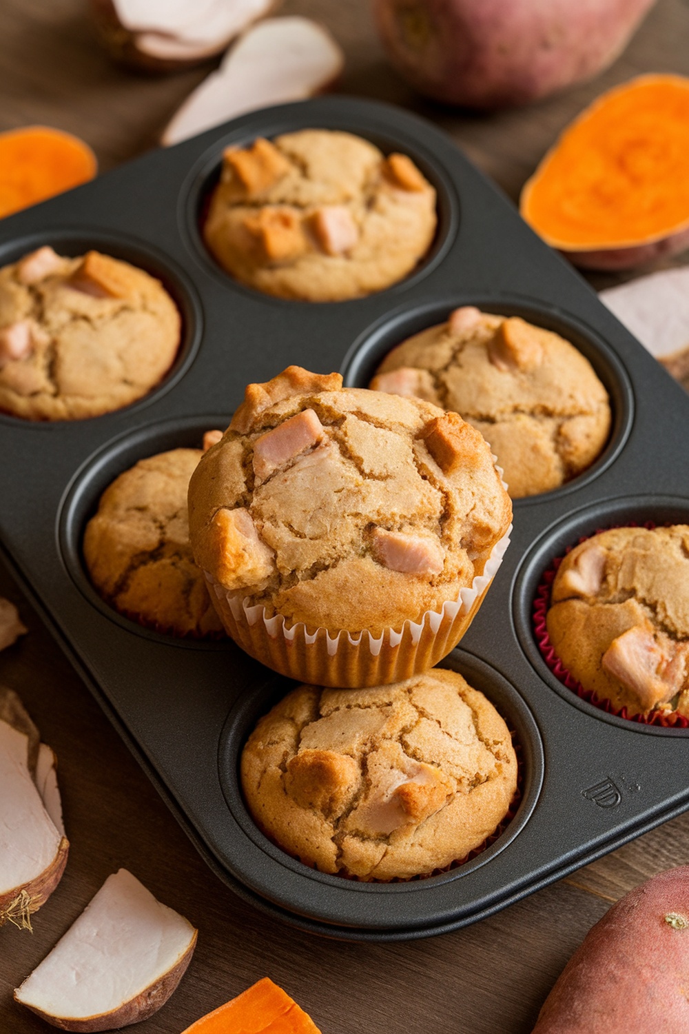 Turkey and sweet potato muffins in a muffin tin