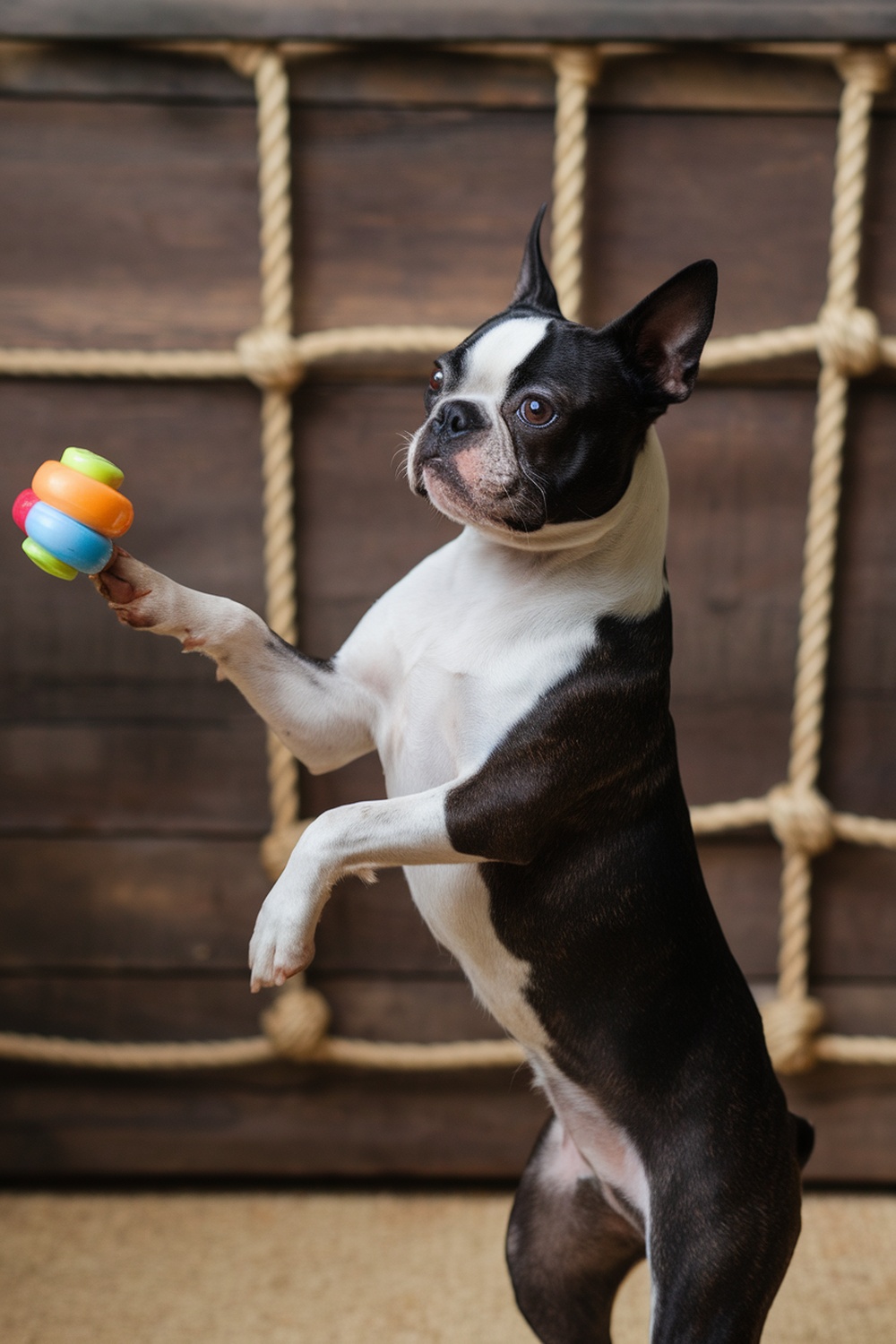 A Boston Terrier standing on its hind legs, holding a colorful toy.