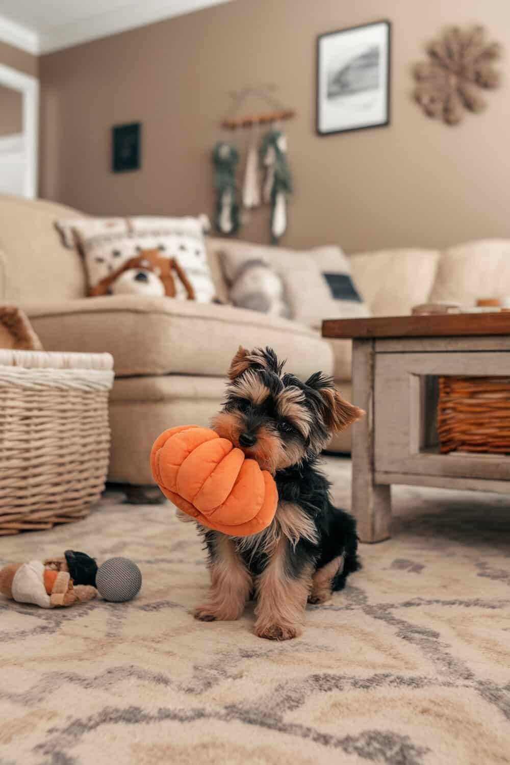 Yorkie Poo puppy holding a pumpkin toy in a cozy indoor setting.
