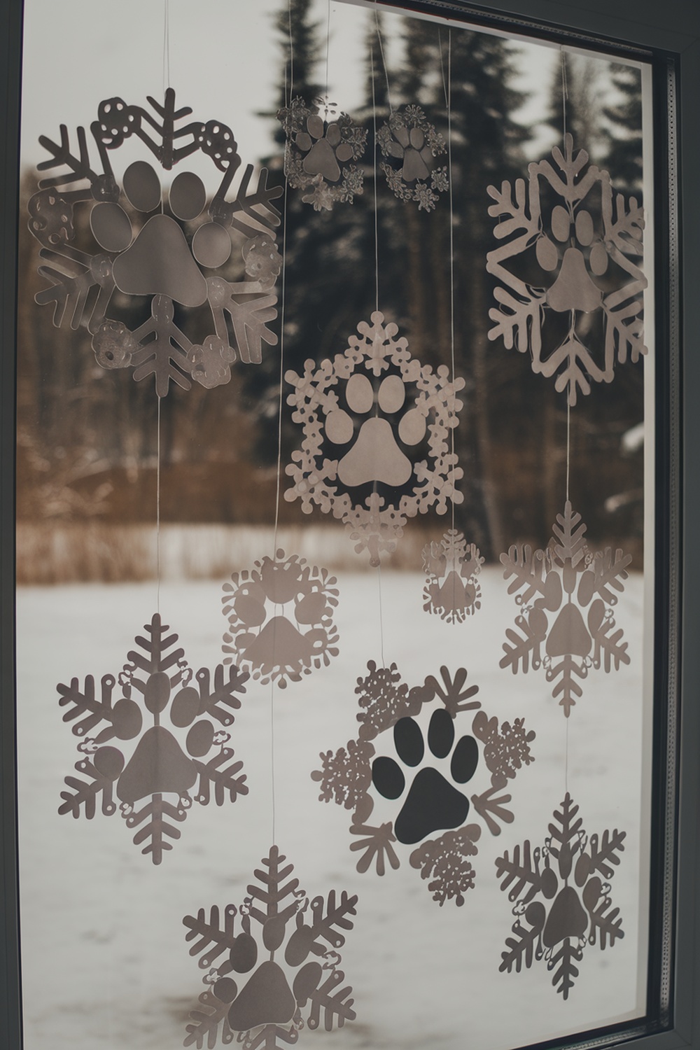 Decorative paw print snowflakes hanging in a window