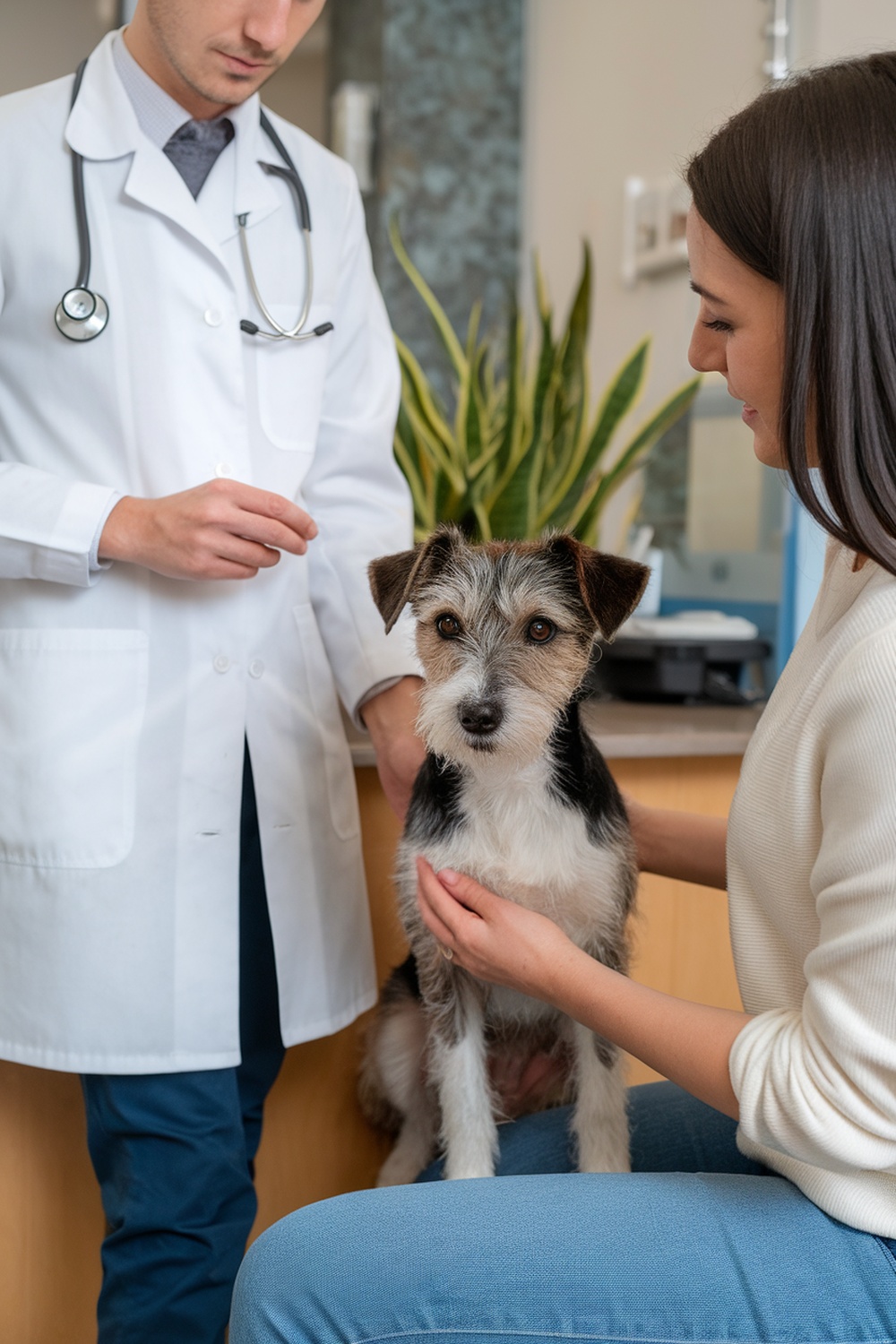 A terrier mix dog at a vet's office being examined by a veterinarian.