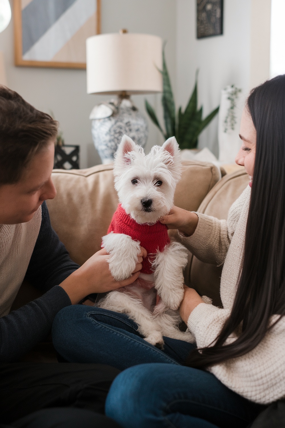 A Westie puppy in a red sweater being held by two people on a couch.