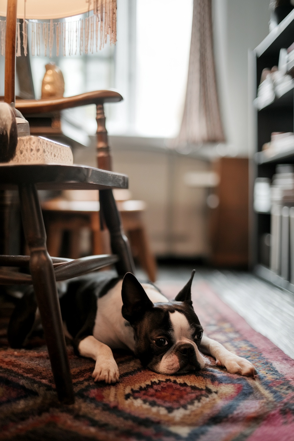 A Boston Terrier resting on a colorful rug in a cozy living space.