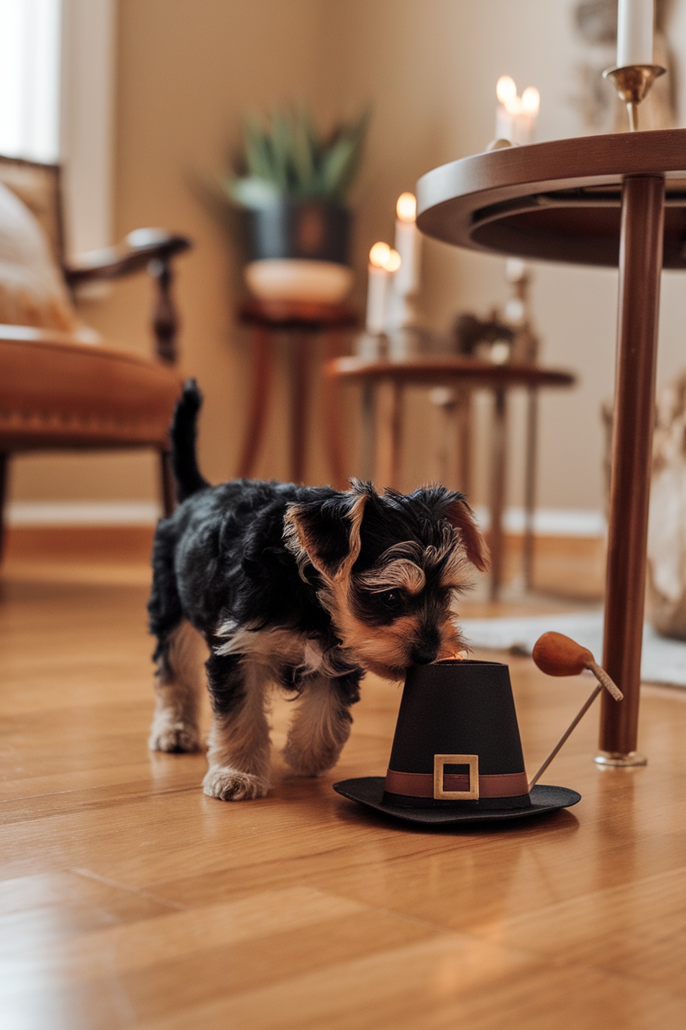 Yorkie Poo puppy sniffing a Thanksgiving decoration