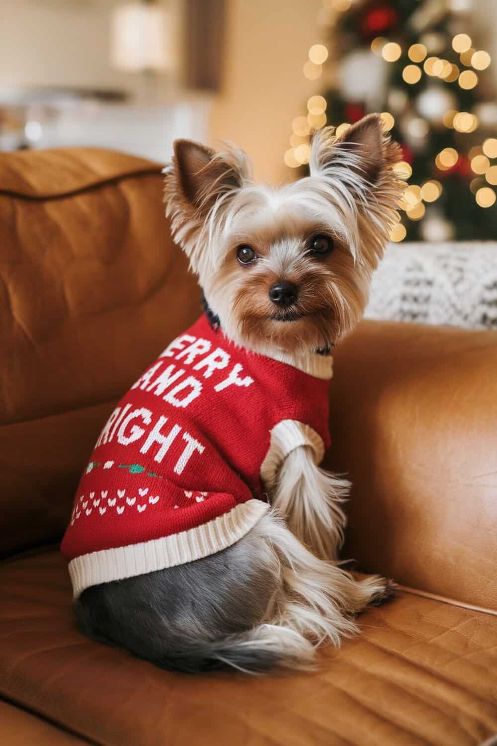 A Yorkshire Terrier wearing a festive red sweater, sitting on a couch with a cozy background.