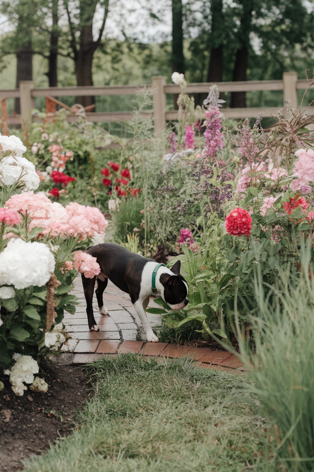 A Boston Terrier exploring a colorful flower garden.