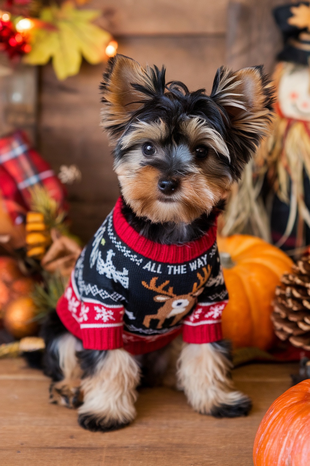 A Yorkie Poo puppy wearing a festive holiday sweater, surrounded by autumn decorations like pumpkins and pinecones.