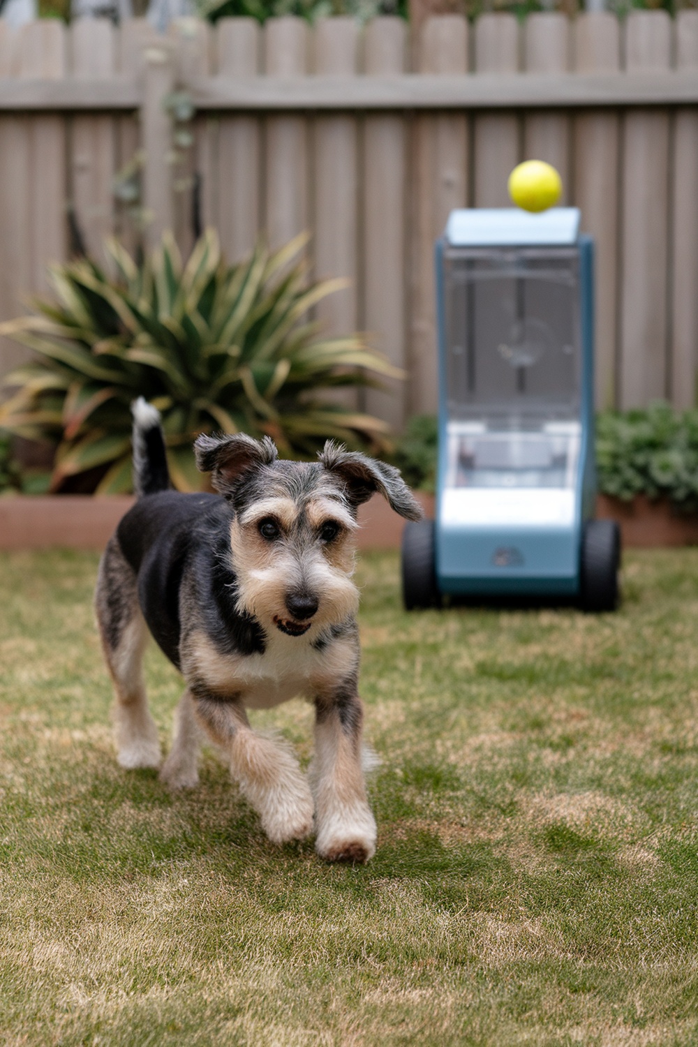 A Terrier running towards an interactive fetch machine in a garden.