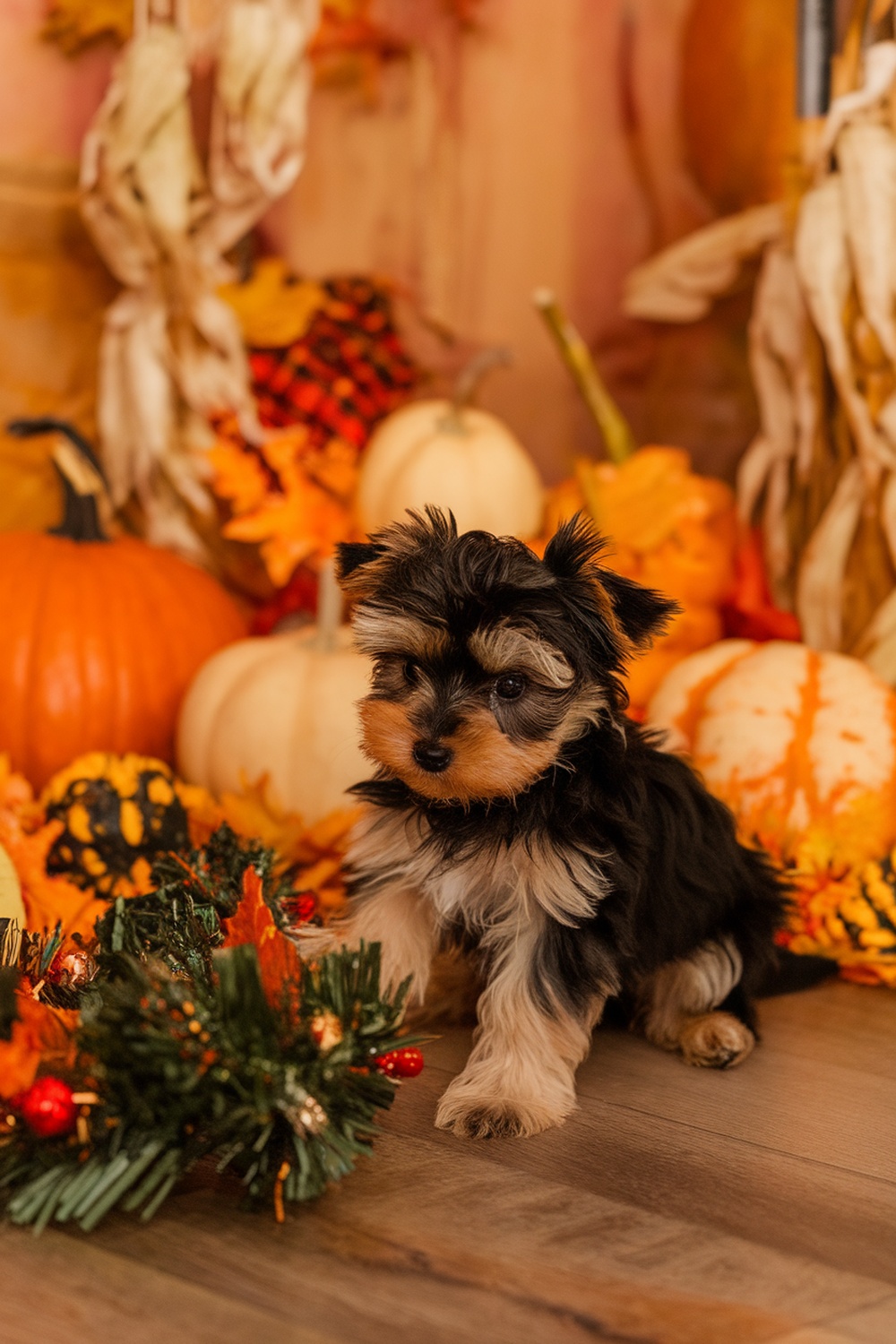 A cute Yorkie Poo puppy sitting among autumn decorations, including pumpkins and leaves.