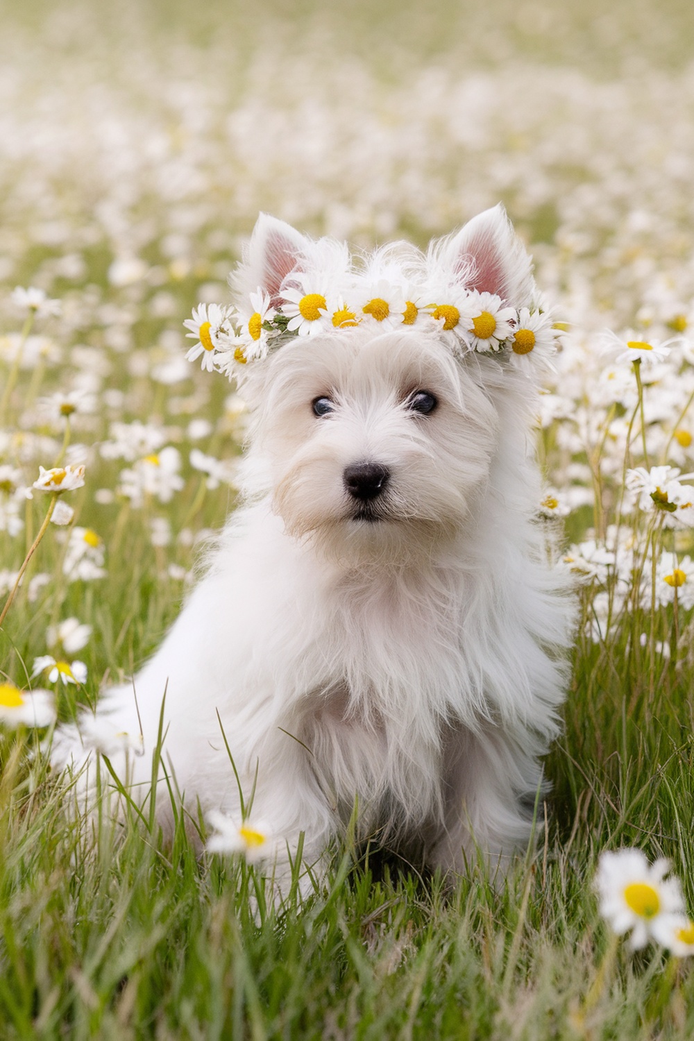 Westie puppy wearing a flower crown surrounded by daisies.