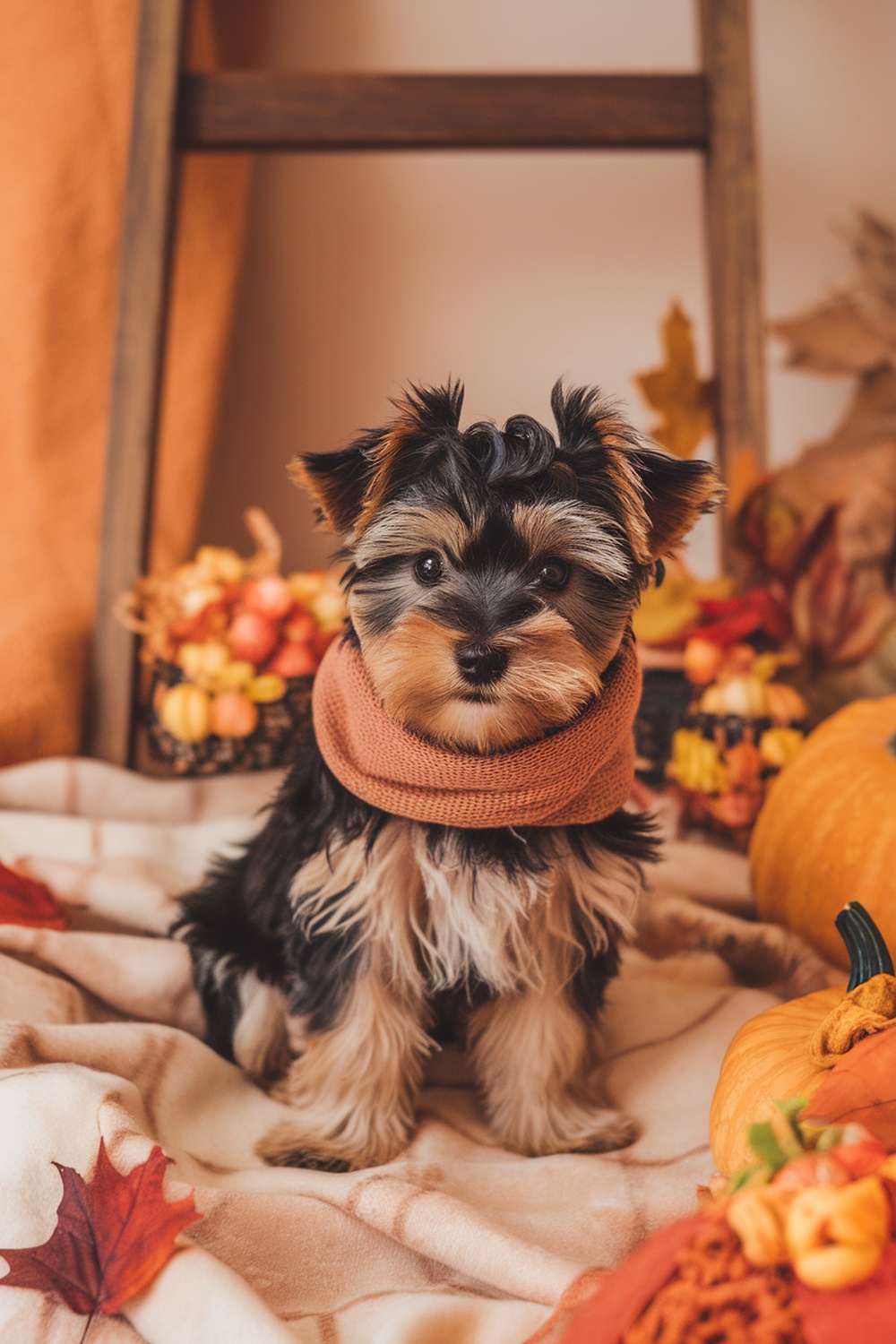 Yorkie Poo puppy wearing a cozy scarf surrounded by autumn decorations.