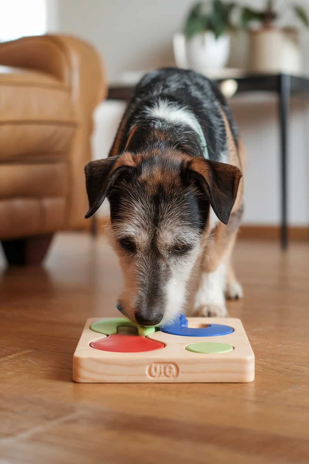 A terrier mix dog interacting with a colorful puzzle toy.