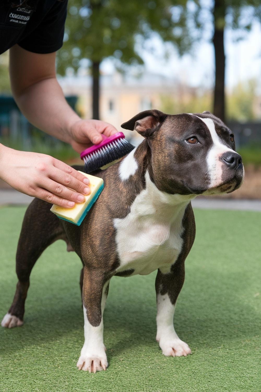 A person grooming a Staffordshire Bull Terrier with a brush and sponge.