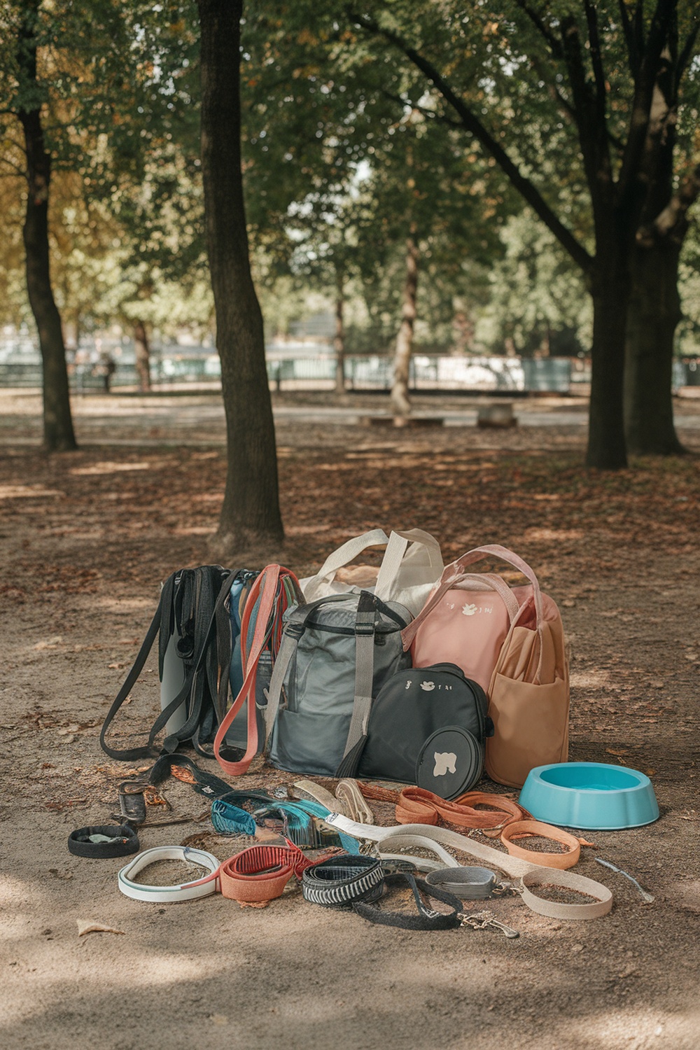 A variety of dog walking accessories including leashes, bags, and a water bowl arranged on the ground in a park.