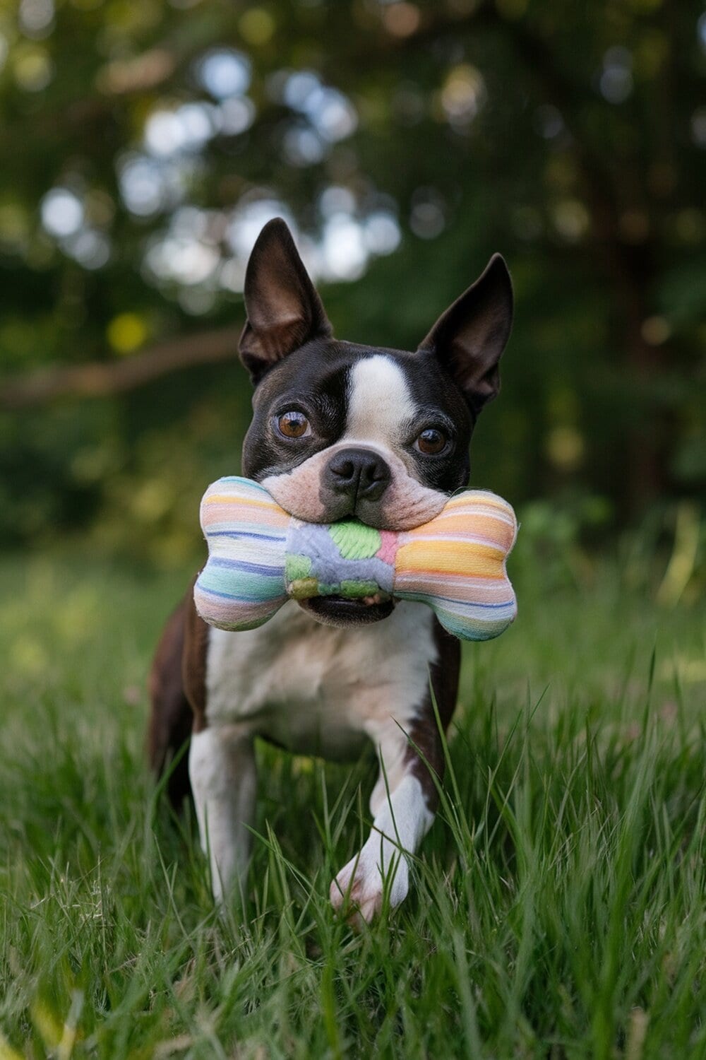A Boston Terrier holding a colorful bone toy in its mouth, standing in grass.