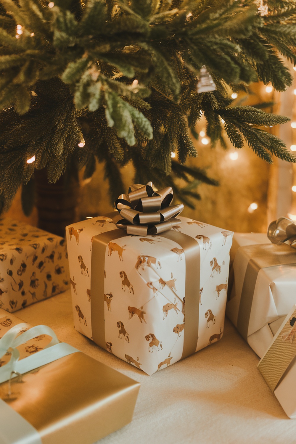 Gift wrapped in dog-themed paper with a bow under a Christmas tree