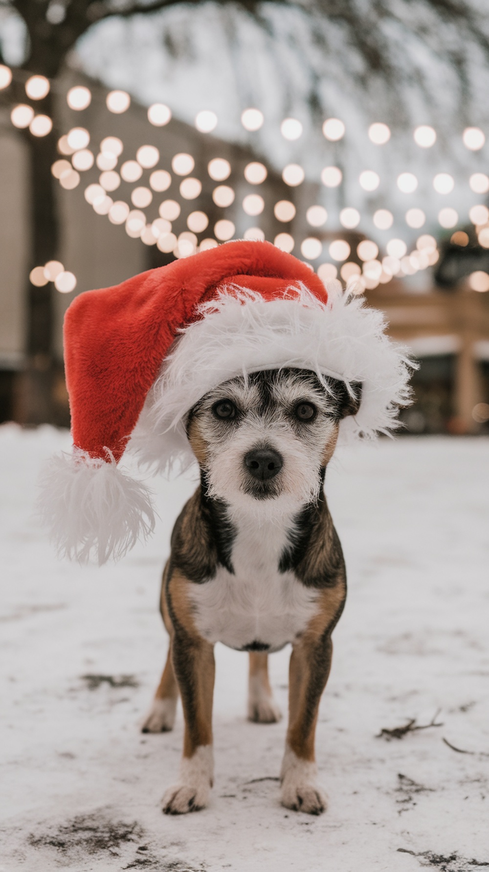 A terrier wearing a red Santa hat with white fur trim, standing in the snow.
