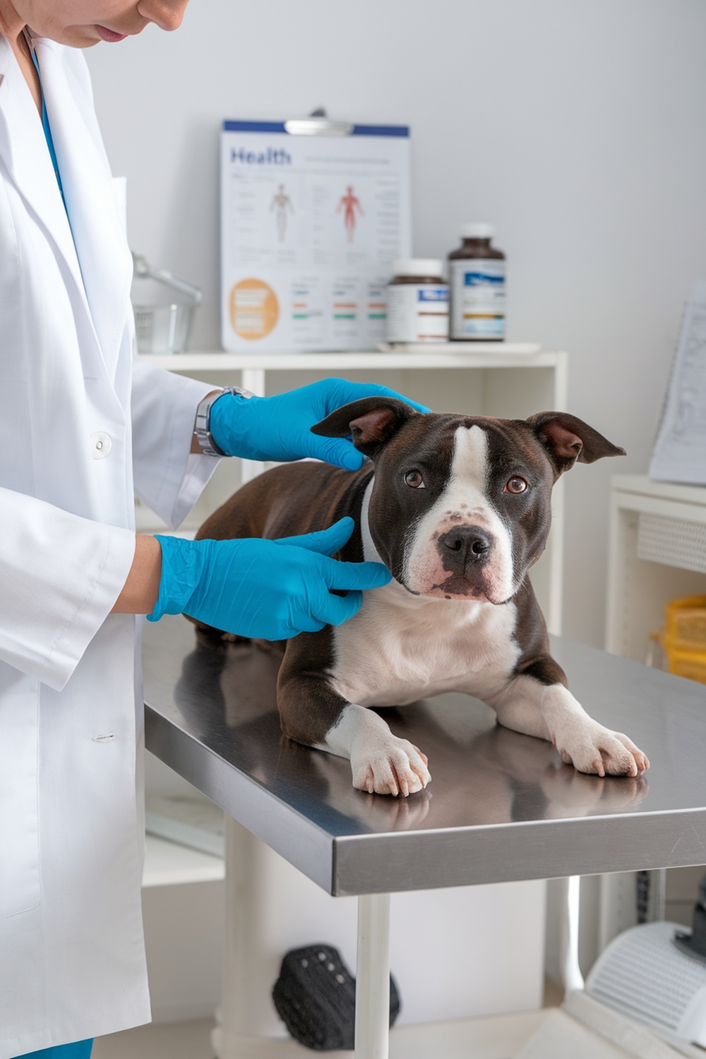 A veterinarian examining a Staffordshire Bull Terrier in a clinic.