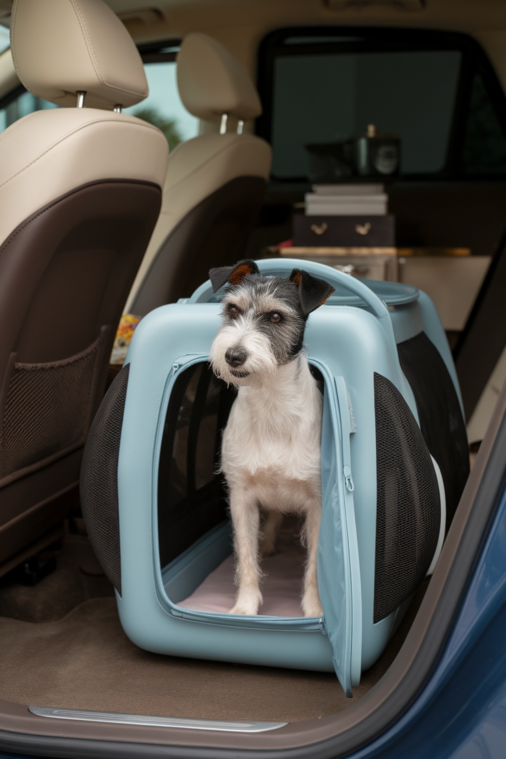 A small terrier dog sitting in a light blue travel-friendly dog carrier inside a car.