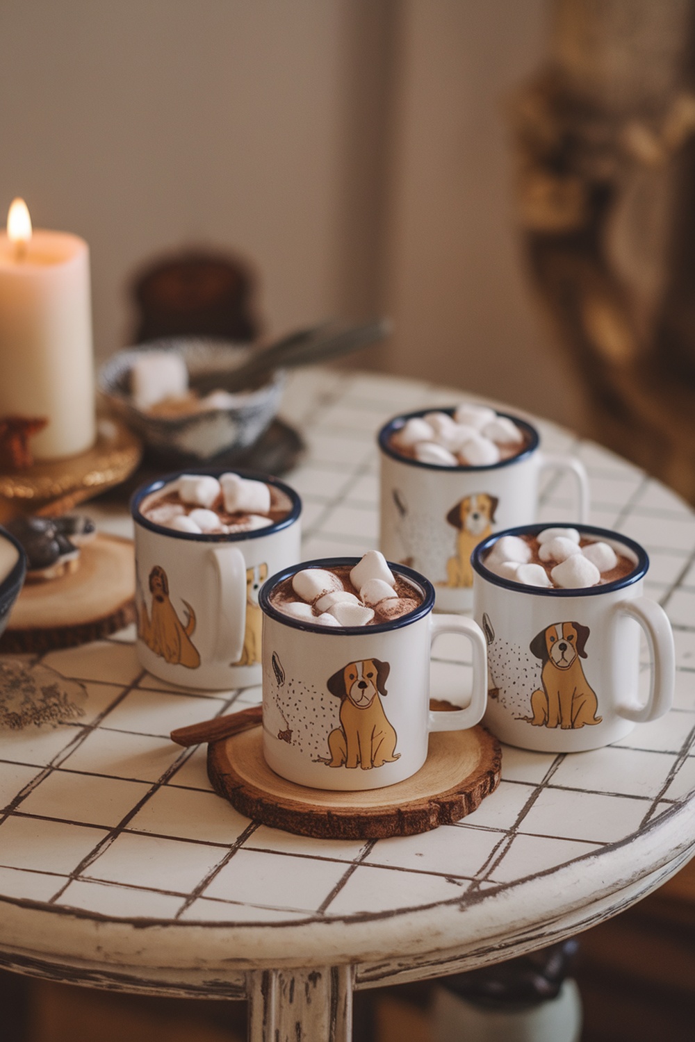 A set of dog-themed mugs filled with hot cocoa and marshmallows on a table.
