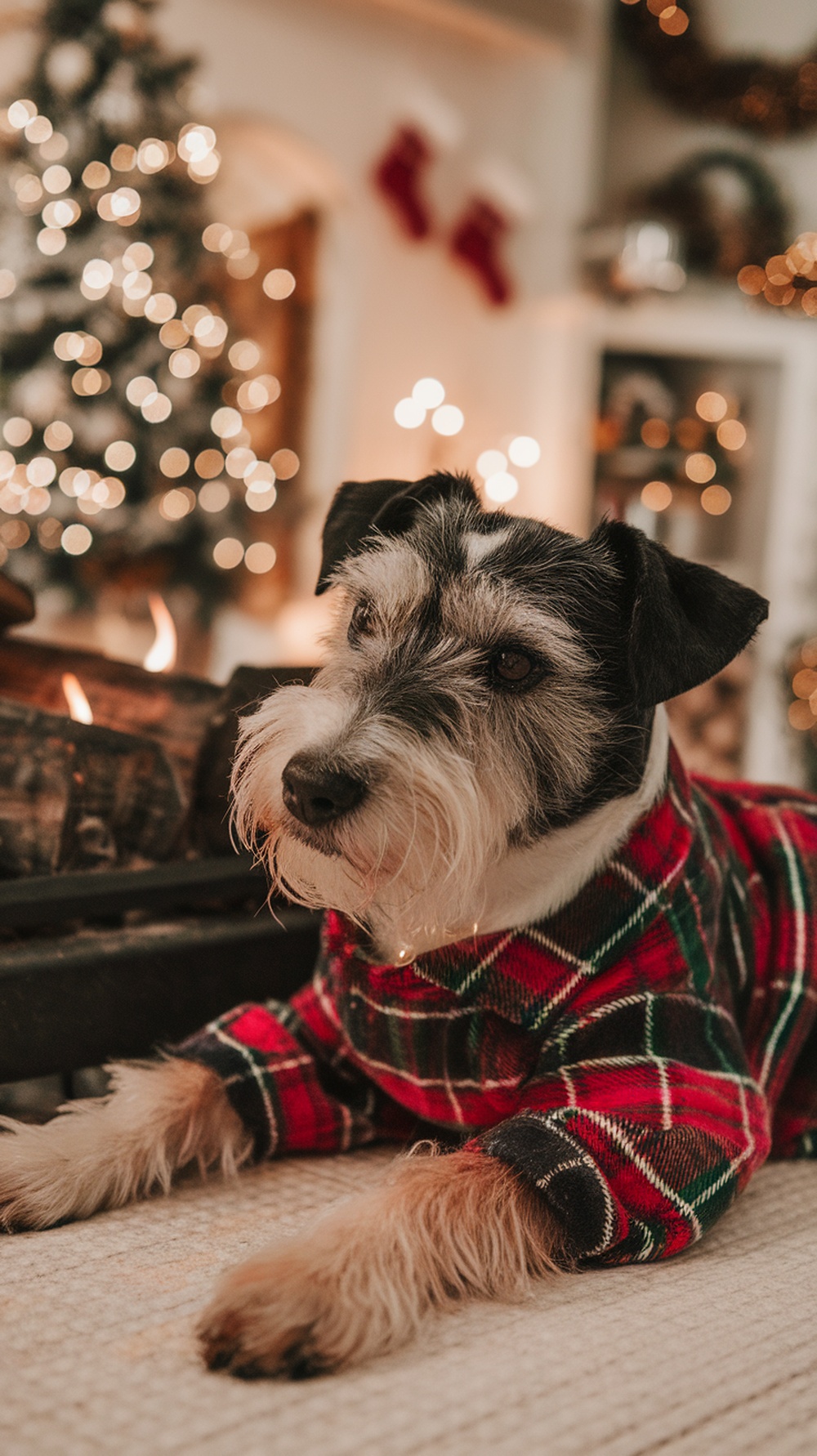 A terrier dog wearing a red and green holiday flannel shirt, sitting by a fireplace decorated for Christmas.