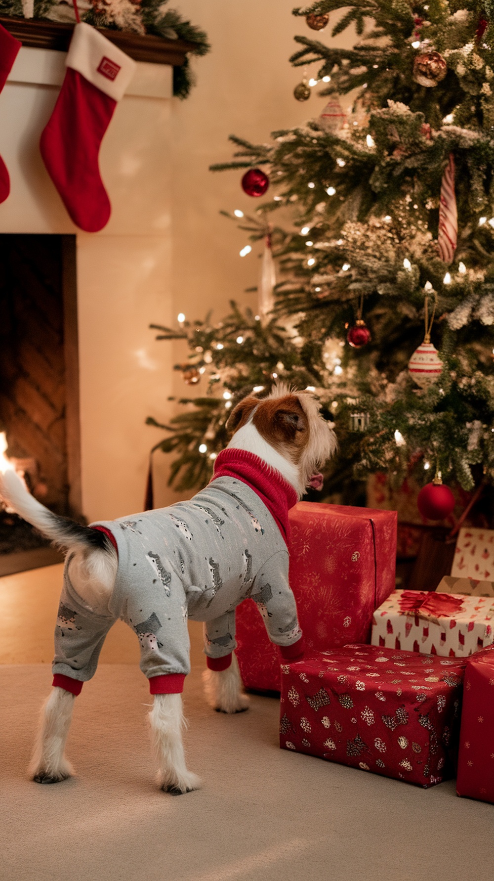 A terrier dog wearing Christmas pajamas, standing near a decorated Christmas tree and presents.