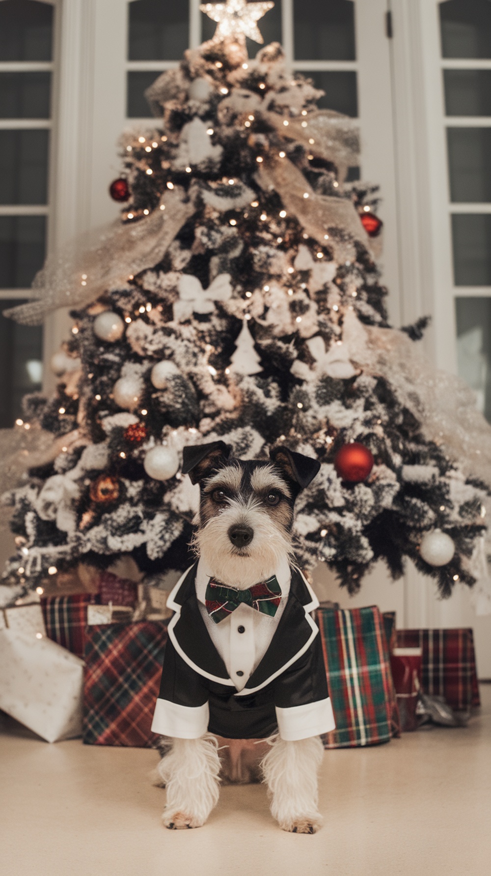 A terrier dog wearing a holiday tuxedo with a bow tie, sitting in front of a decorated Christmas tree.