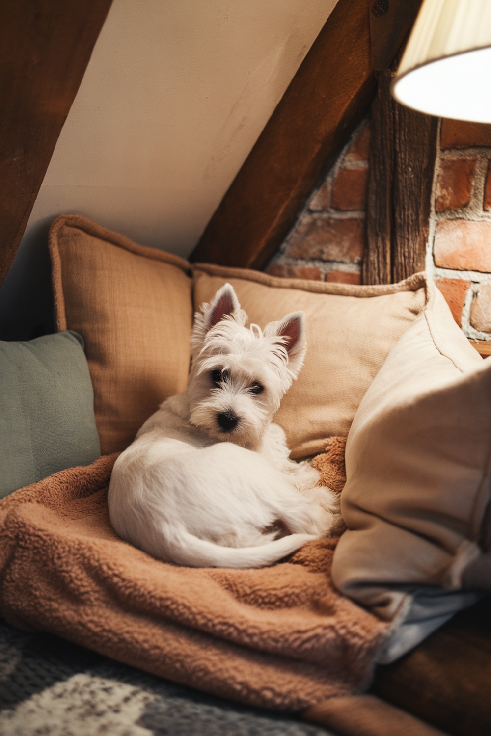 A Westie puppy resting on soft pillows in a cozy corner.