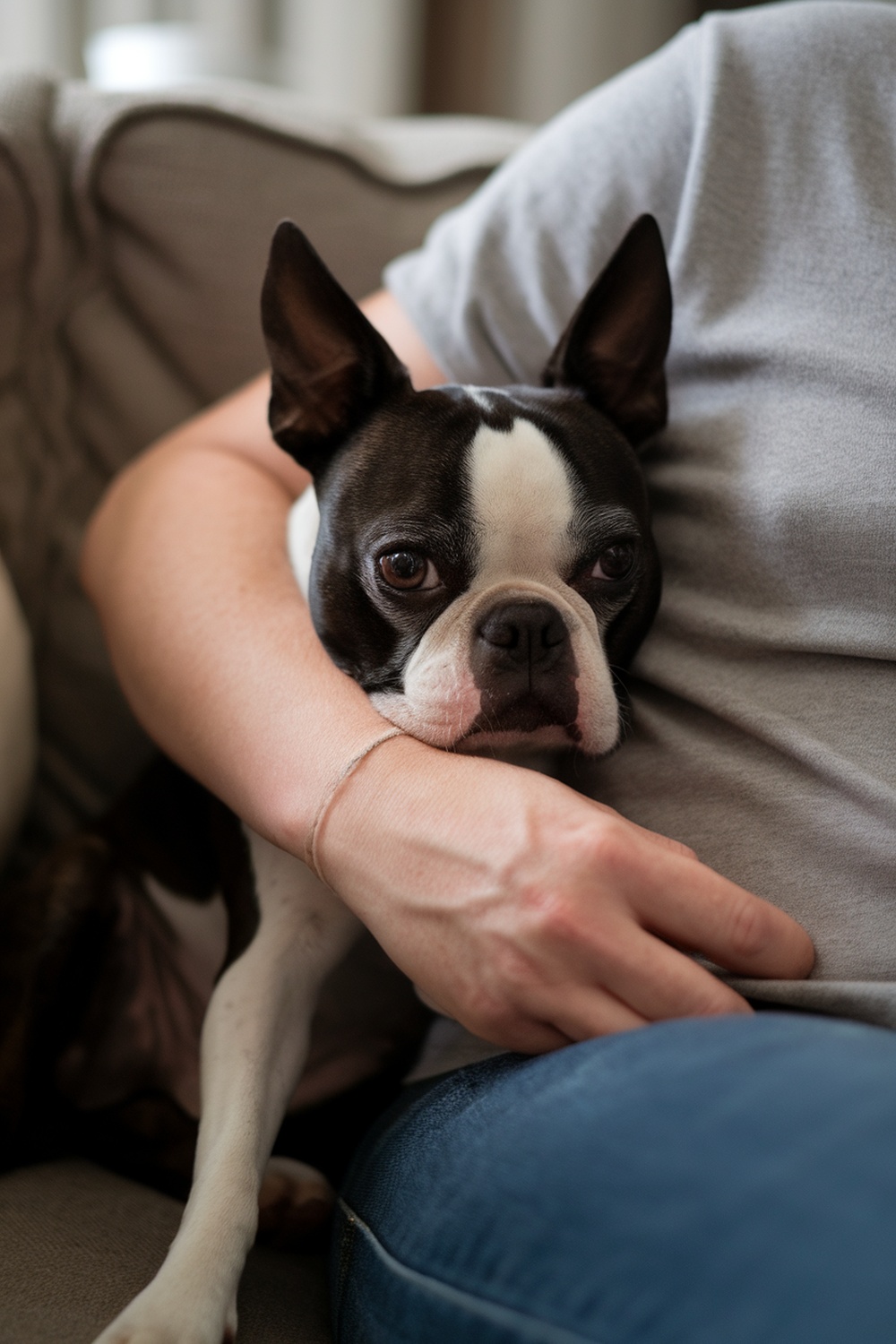 A Boston Terrier resting comfortably in the lap of a person, showcasing a bond between the dog and owner.