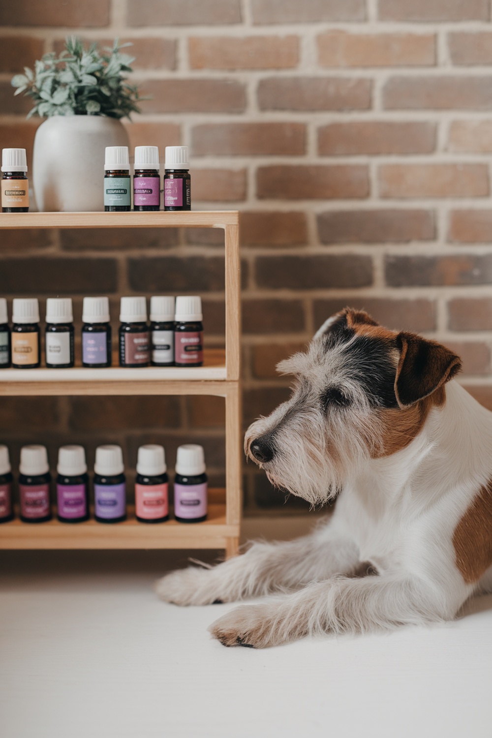 A terrier dog resting beside a shelf of essential oils.