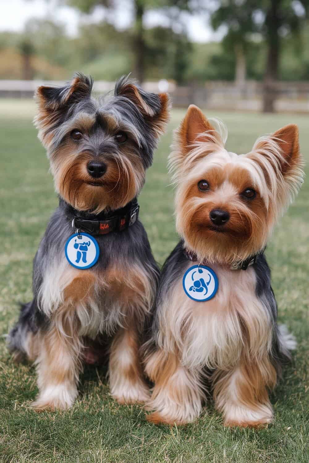 Two Yorkshire Terriers sitting on grass, one with a darker coat and the other with a lighter coat, both wearing collars with tags.