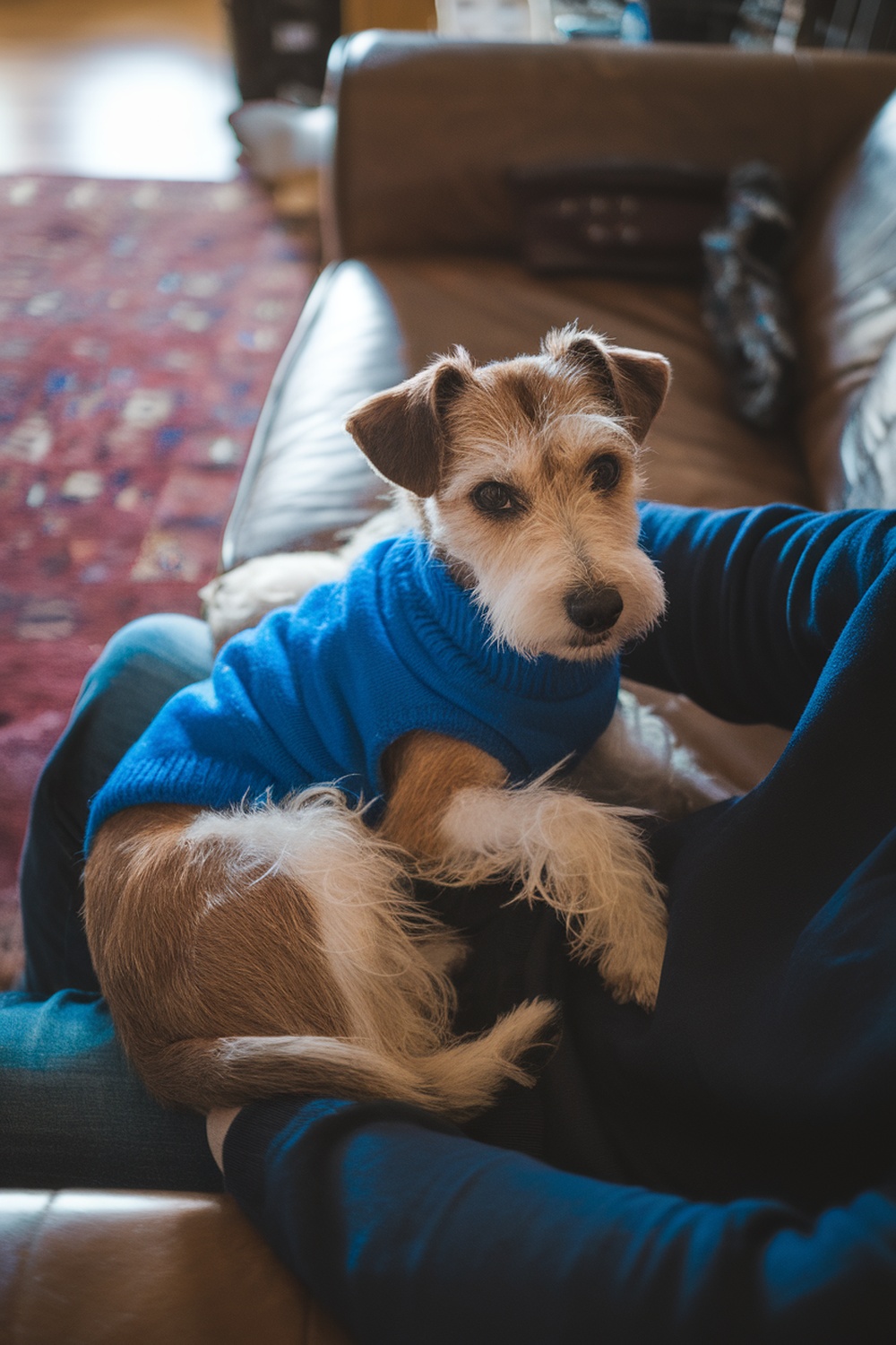 A terrier mix dog in a blue sweater sitting on a person's lap.